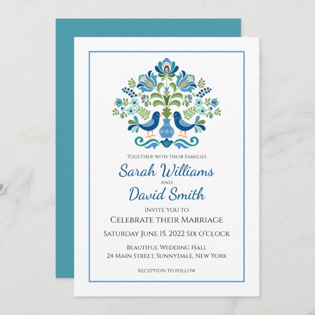 Hungarian Design Blue Birds Wedding Invitation (Front/Back)