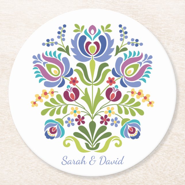 Hungarian Design Violet Floral Round Paper Coaster (Front)