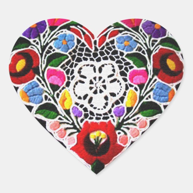 Hungarian Embroidery Heart on Black  Sticker (Front)