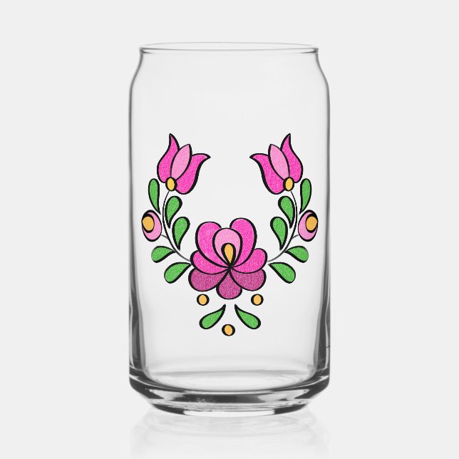 Hungarian Embroidery Pattern, "Matyó" - pink Can Glass (Front)