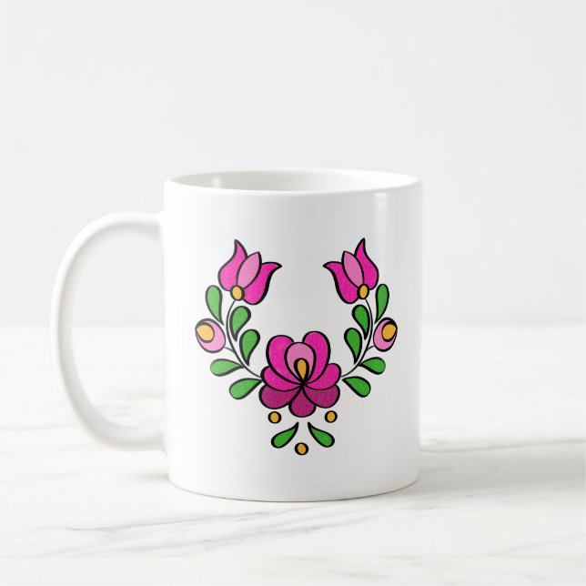 Hungarian Embroidery Pattern, "Matyó" - pink Coffee Mug (Left)