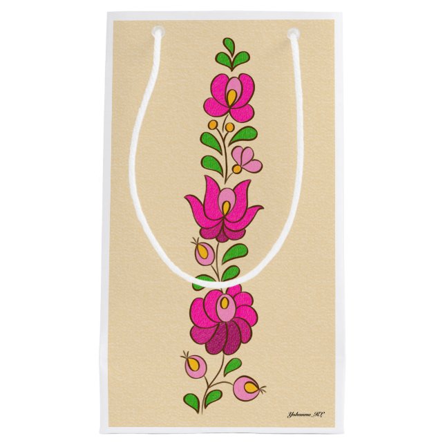 Hungarian Embroidery Pattern, "Matyó" - pink Small Gift Bag (Front)