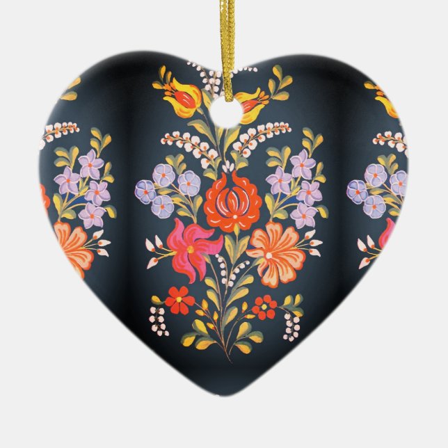 hungarian flowers -vibrant colors heart shape  ceramic ornament (Front)
