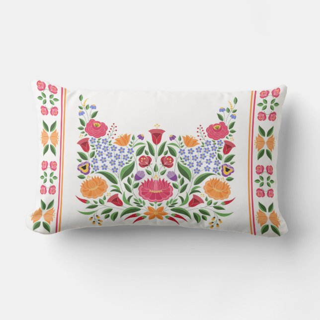 Hungarian folk pattern – Kalocsa embroidery flower Lumbar Pillow (Front)