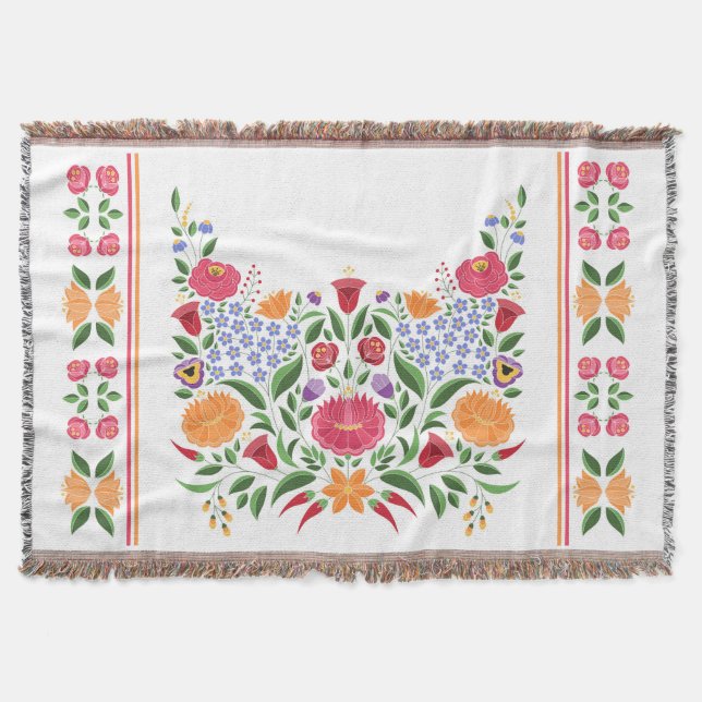Hungarian folk pattern – Kalocsa embroidery flower Throw Blanket (Front)