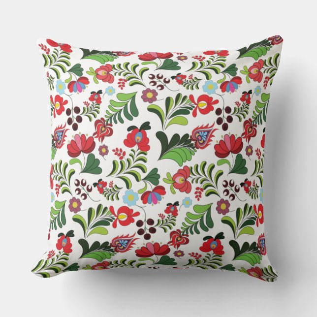 Hungarian Freehand Floral Matyo Pattern Throw Pillow (Front)
