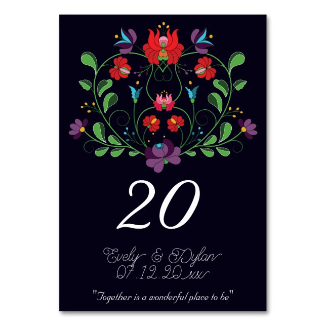 Hungarian Kalocsa Folk -Floral Rustic Blue Design Table Number (Front)