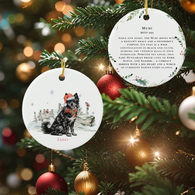 Hungarian Mudi Dog Watercolor Monogram Ceramic Ornament (Creator Uploaded)