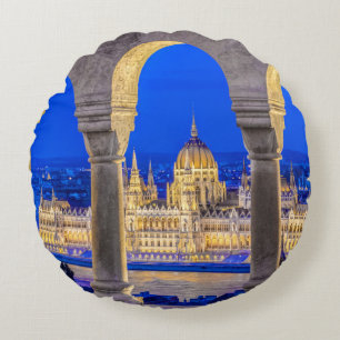 Hungarian Parliament Building at Dusk Round Pillow