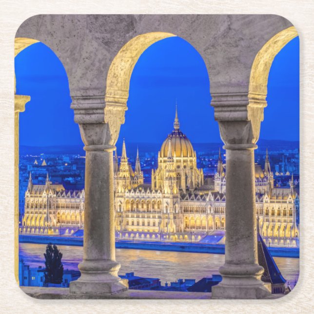 Hungarian Parliament Building at Dusk Square Paper Coaster (Front)