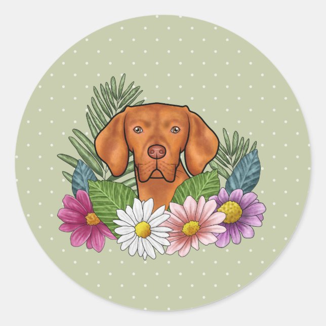 Hungarian Vizsla And Colourful Summer Flowers Gree Classic Round Sticker (Front)
