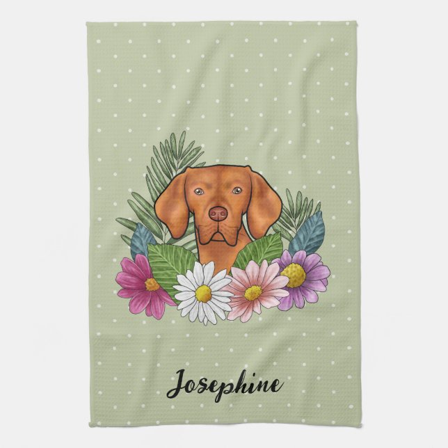Hungarian Vizsla And Colourful Summer Flowers Gree Kitchen Towel (Vertical)