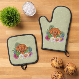 Hungarian Vizsla And Colourful Summer Flowers Gree Oven Mitt & Pot Holder Set