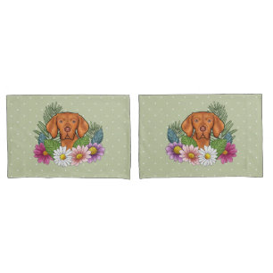 Hungarian Vizsla And Colourful Summer Flowers Gree Pillowcase