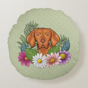 Hungarian Vizsla And Colourful Summer Flowers Gree Round Pillow