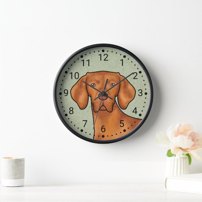 Hungarian Vizsla Cartoon Pointer Dog Head Green Clock (Home)