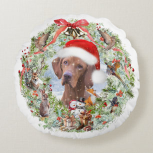 Hungarian Vizsla Christmas wreath Round Pillow