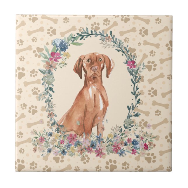 Hungarian Vizsla Dog Paw Print Floral Cute Beige Tile (Front)