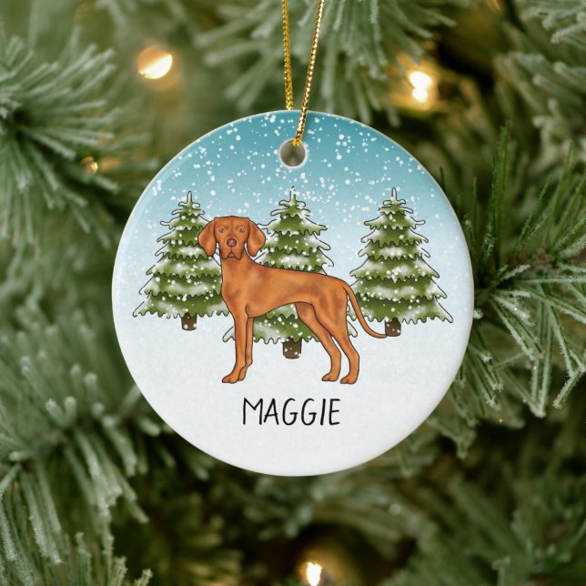 Hungarian Vizsla Dog Snowy Winter Forest And Name Ceramic Ornament (Tree)