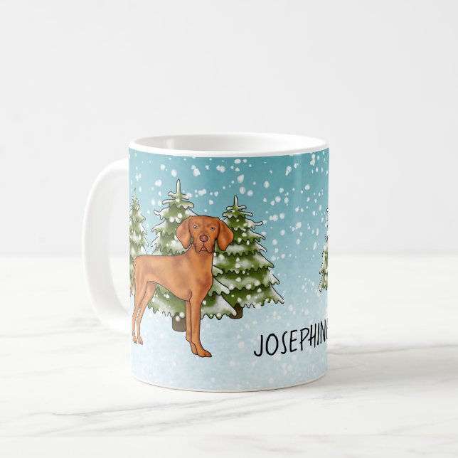 Hungarian Vizsla Dog Snowy Winter Forest And Name Coffee Mug (Front Left)