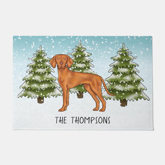 Hungarian Vizsla Dog Snowy Winter Forest And Name Doormat (Front)