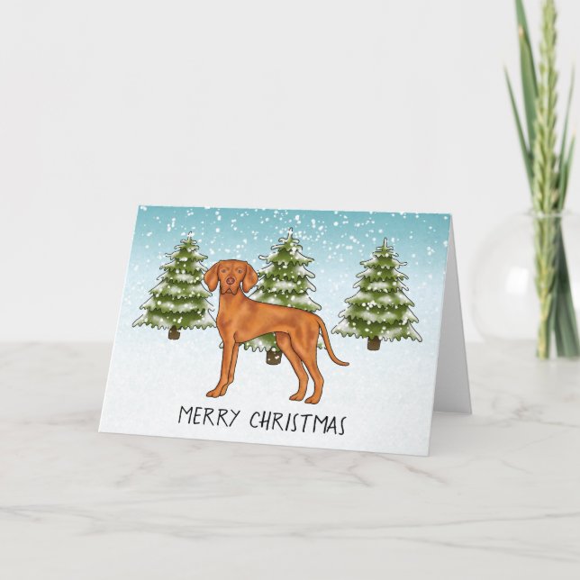 Hungarian Vizsla Dog Snowy Winter Forest And Text Card (Front)