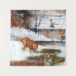 Hungarian Vizsla, hunting ducks in winter Tapestry