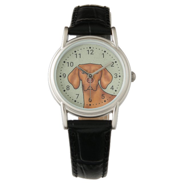 Hungarian Vizsla Pointer Dog Head Portrait Green Watch (Front)