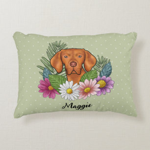 Hungarian Vizsla With Colourful Flowers And Name Accent Pillow