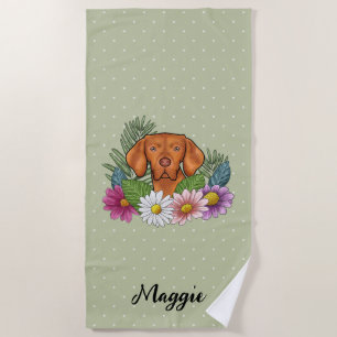 Hungarian Vizsla With Colourful Flowers And Name Beach Towel