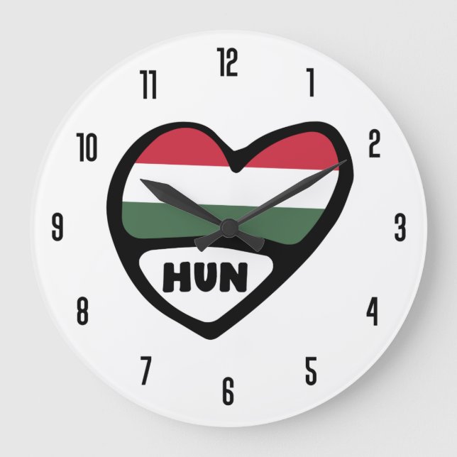 Hungary Country Code HUN Flag Heart Large Clock (Front)