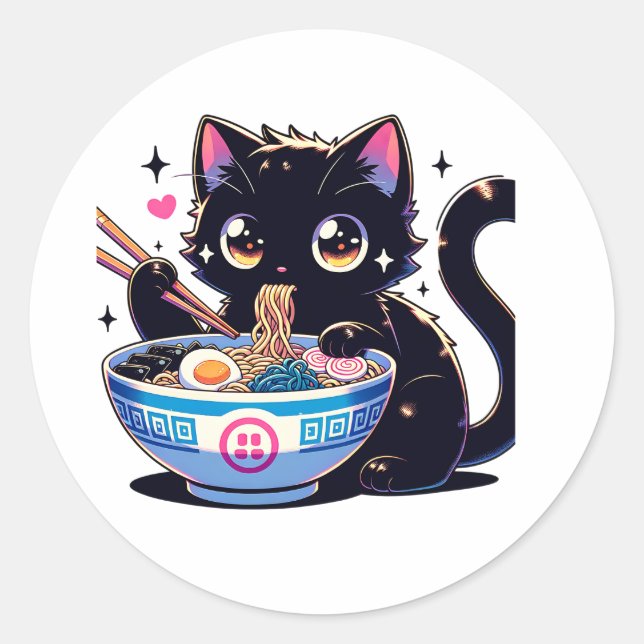 Hungry Cat Slurping Noodles Classic Round Sticker (Front)