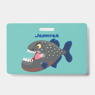Hungry funny piranha cartoon illustration badge