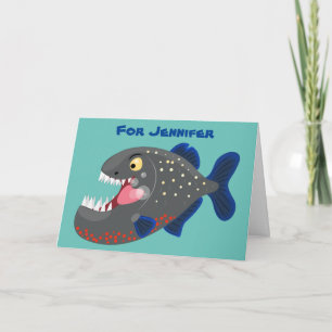 Hungry funny piranha cartoon illustration card