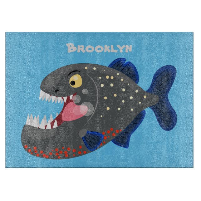 Hungry funny piranha cartoon illustration cutting board (Front)