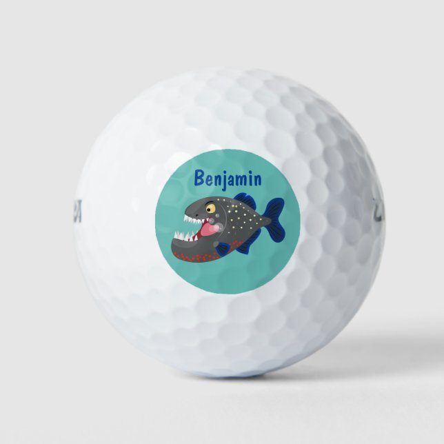 Hungry funny piranha cartoon illustration golf balls (Front)