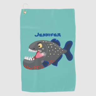 Hungry funny piranha cartoon illustration  golf towel