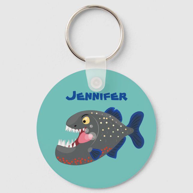 Hungry funny piranha cartoon illustration keychain (Front)