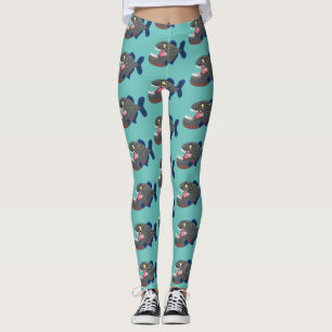 Hungry funny piranha cartoon illustration leggings