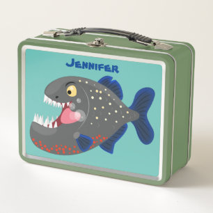 Hungry funny piranha cartoon illustration metal lunch box