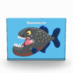 Hungry funny piranha cartoon illustration photo block