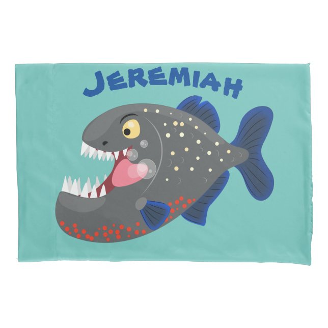 Hungry funny piranha cartoon illustration pillowcase (Front)