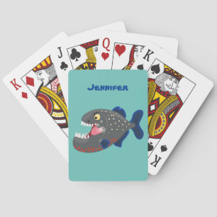 Hungry funny piranha cartoon illustration playing cards