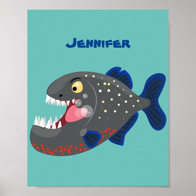 Hungry funny piranha cartoon illustration poster (Front)