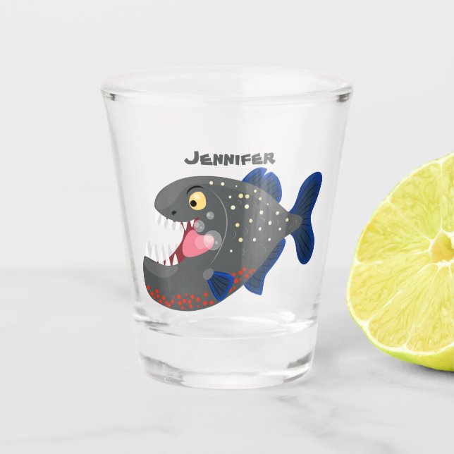 Hungry funny piranha cartoon illustration shot glass (Front)