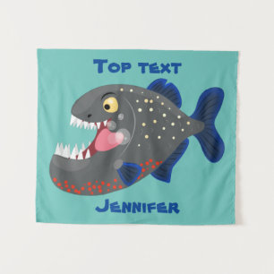 Hungry funny piranha cartoon illustration  tapestry