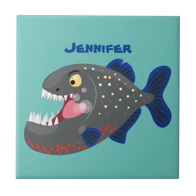 Hungry funny piranha cartoon illustration tile (Front)