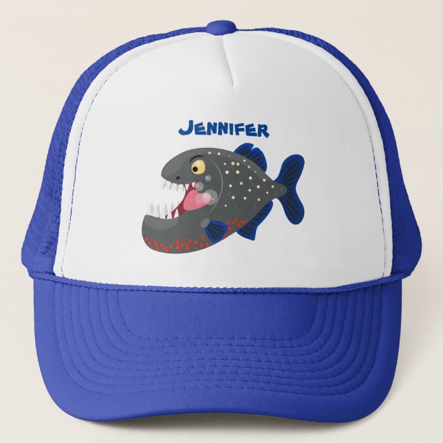 Hungry funny piranha cartoon illustration trucker hat (Front)