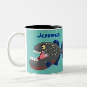Hungry funny piranha cartoon illustration Two-Tone coffee mug
