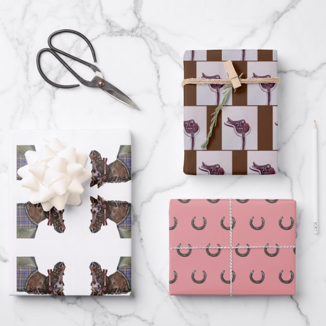 hunt club horse, tack, horse shoe wrapping paper sheet (Front)